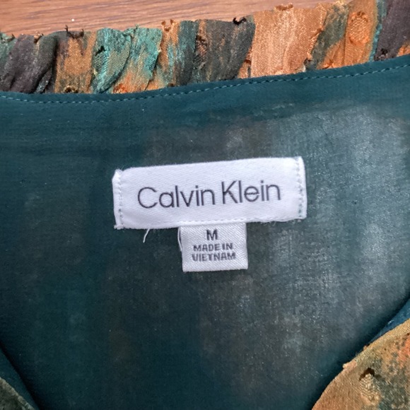 Calvin Klein Womens Green Abstract Clip Dot Blouse Smocked Cuff M w/undershirt - Picture 6 of 12